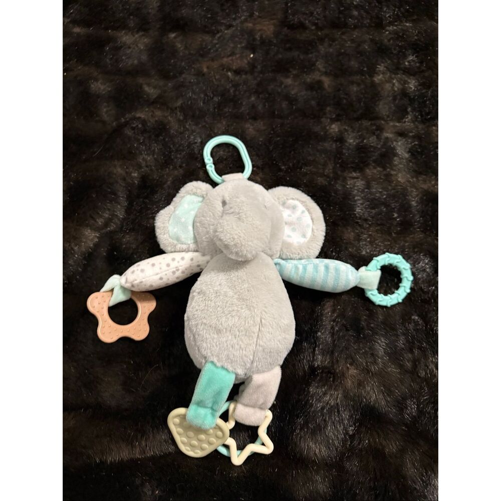 Kellytoys Grey Teal 10 Inch Polyester Elephant Clip On Rattle Teether Plush Toy